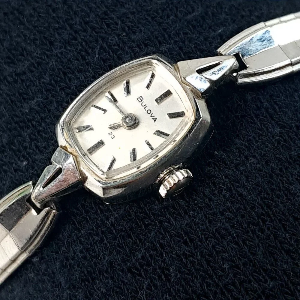 Vintage Bulova watch 23 jewels 10K white gold‎ bracelet ladies women's RGP bezel